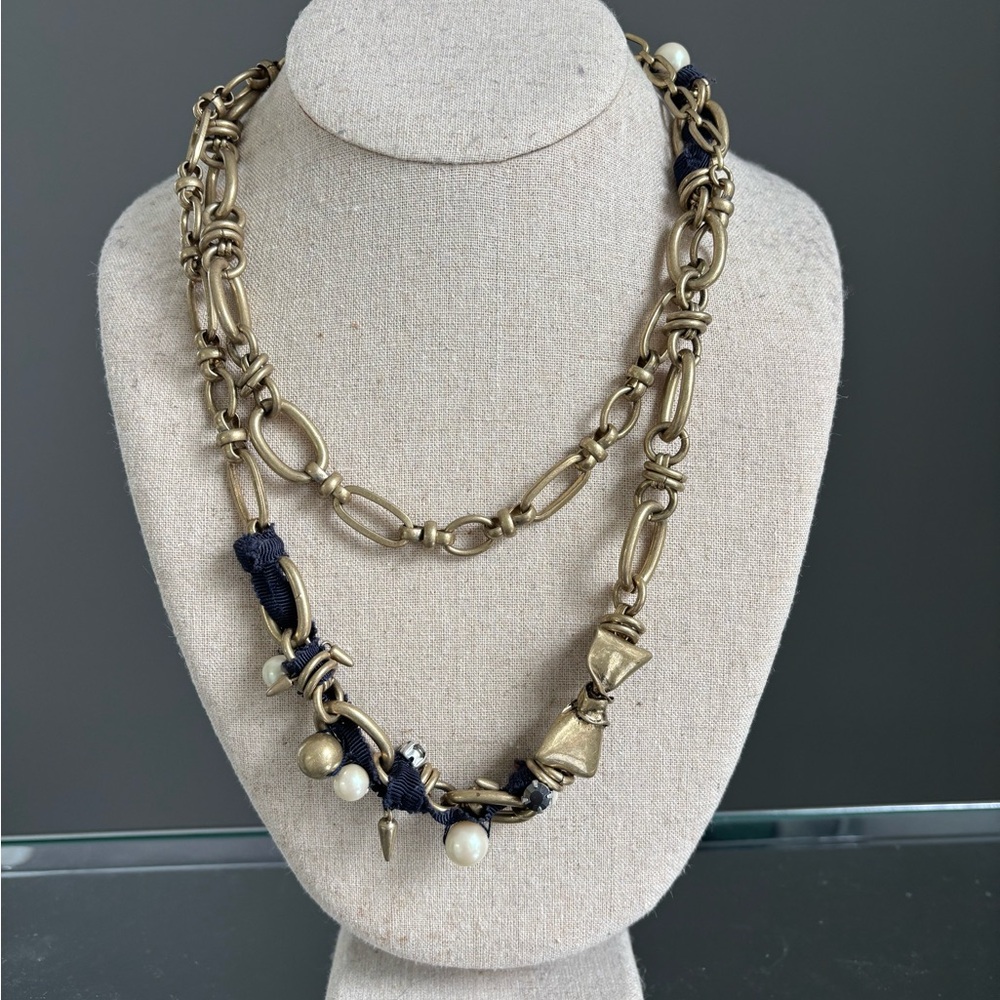 Stella&Dot French Twist Ribbon Necklace | Elegant Gold & Navy Chain w/pearls